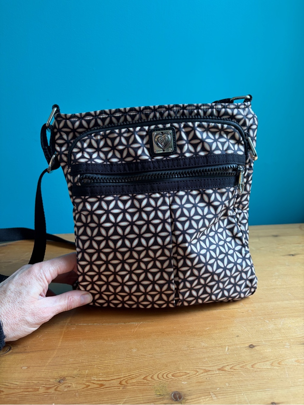 Brighton Black and Cream Crossbody Bag with Geometric Print
